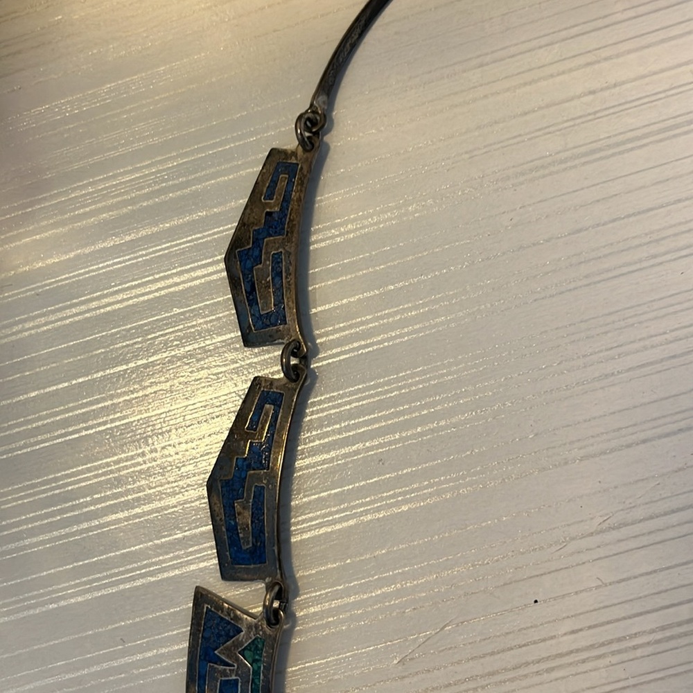 Vintage Mexico Alpaca BIb Necklace Choker Silver With Turquoise Inlay EUC - Picture 9 of 11